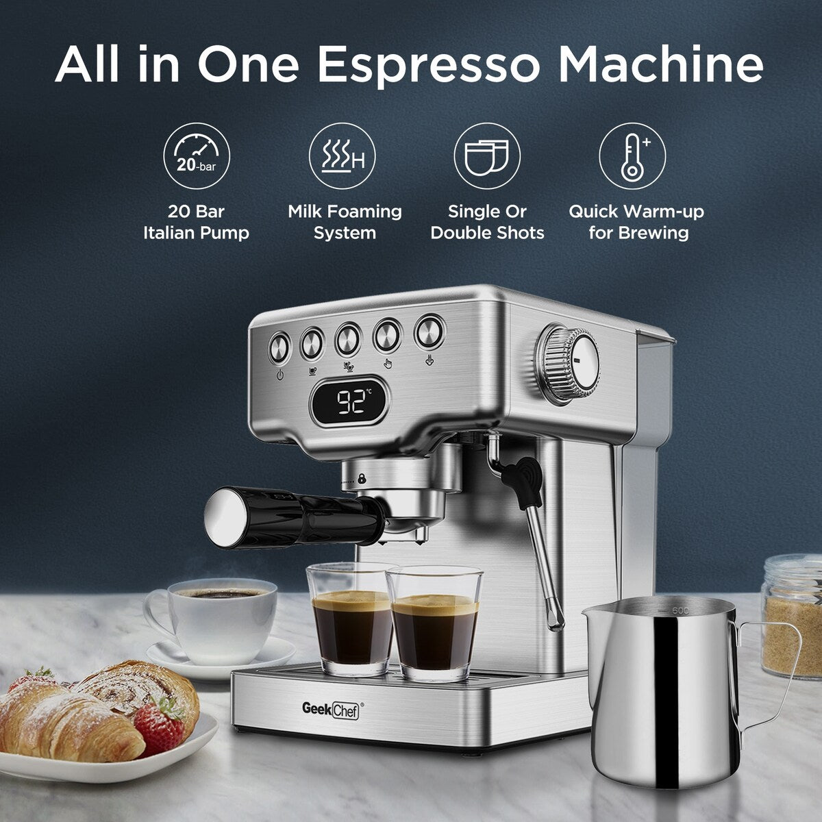 Macchina per caffè espresso semiautomatica in acciaio inossidabile argentato da 20 tazze con serbatoio dell'acqua da 0,5 galloni