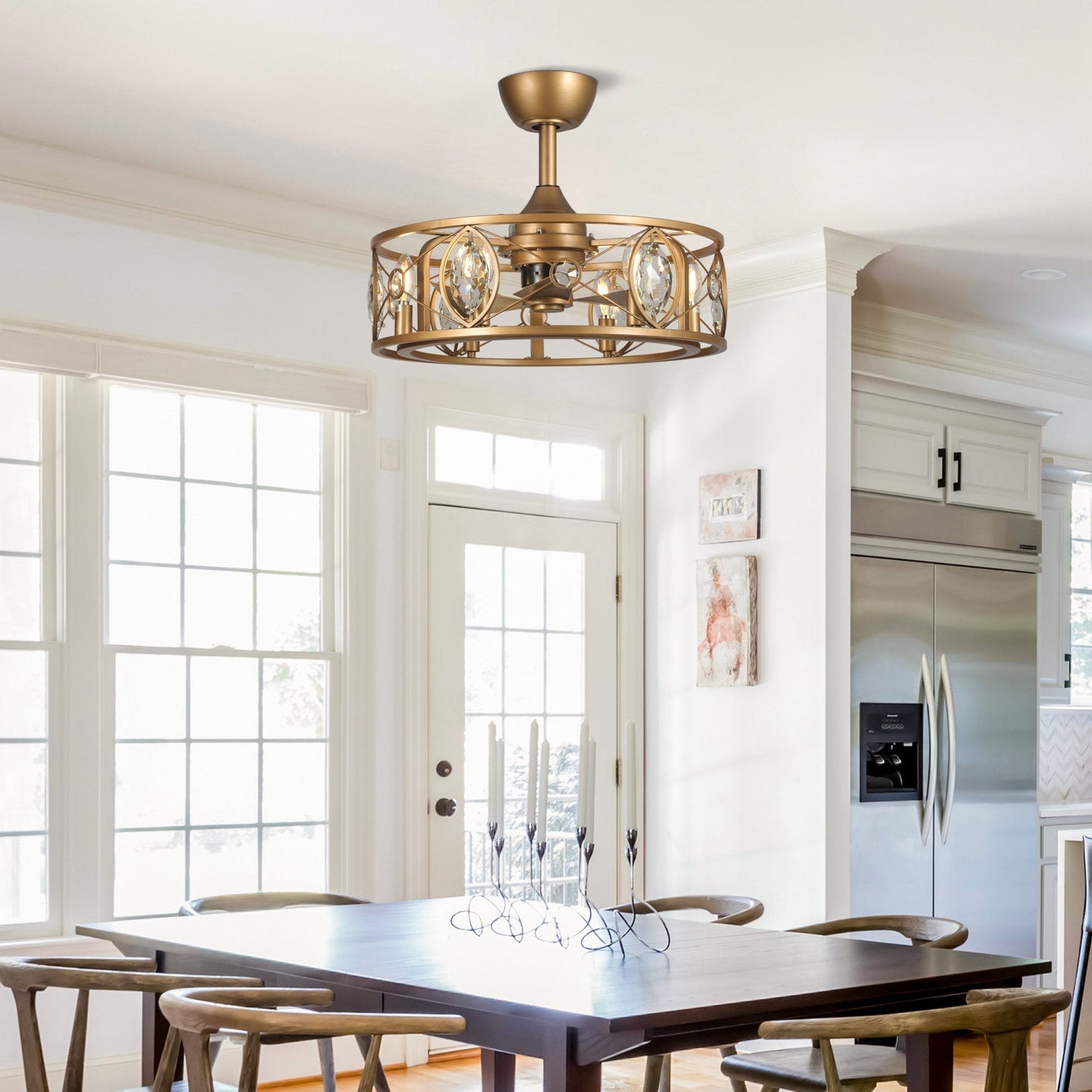 22 Lampadari moderni con ventilatore da soffitto in gabbia di cristallo e telecomando