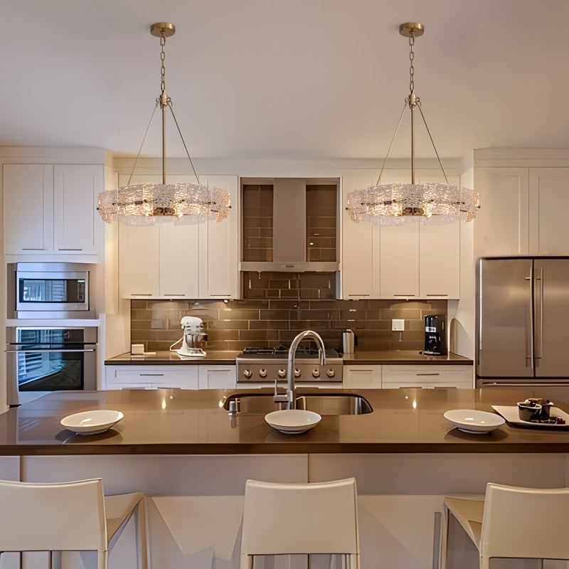 Lampadario moderno in cristallo dorato da 23,6 pollici, 6 luci, lampada a sospensione Glam Drum per isola cucina sala da pranzo