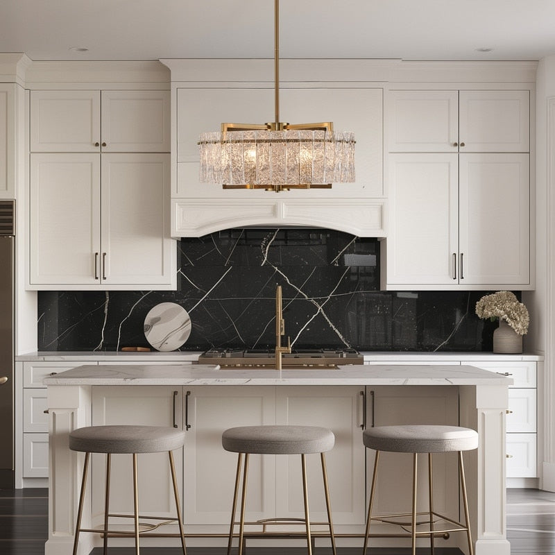 Lampadario moderno in cristallo dorato da 26 pollici, 6 luci, dimmerabile, per isola cucina con vetro smerigliato per sala da pranzo