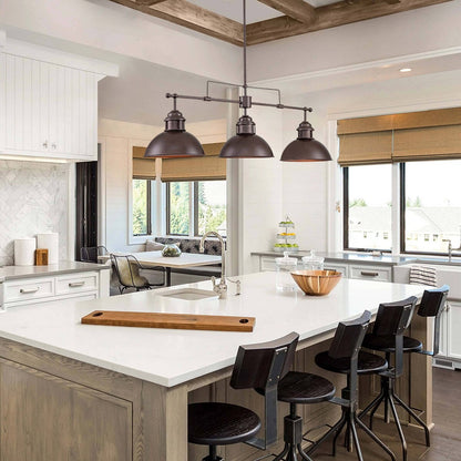 Lampada a sospensione a cupola industriale a 3 luci, in metallo, lineare, per isola da cucina, finitura in bronzo oliato