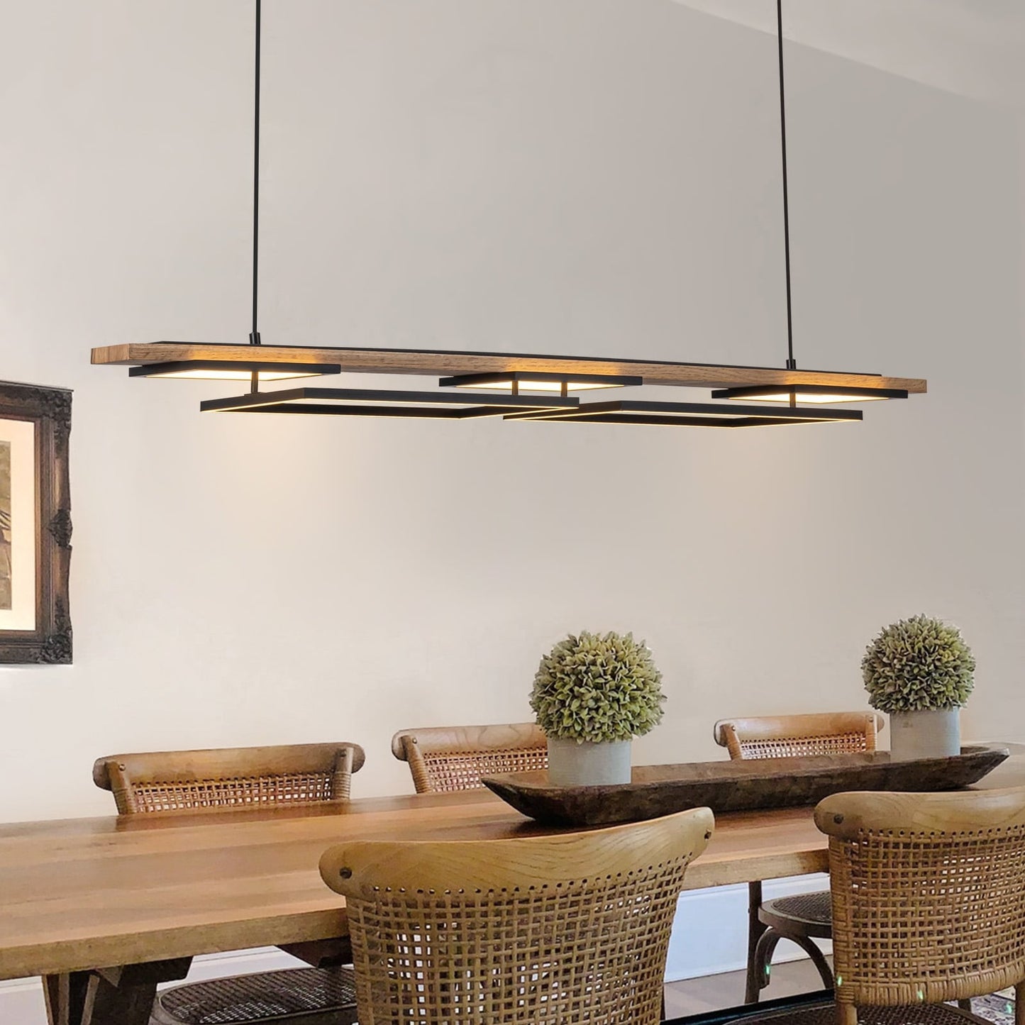 Lampadario lineare in legno a LED integrato da 3/5 luci per isola da cucina