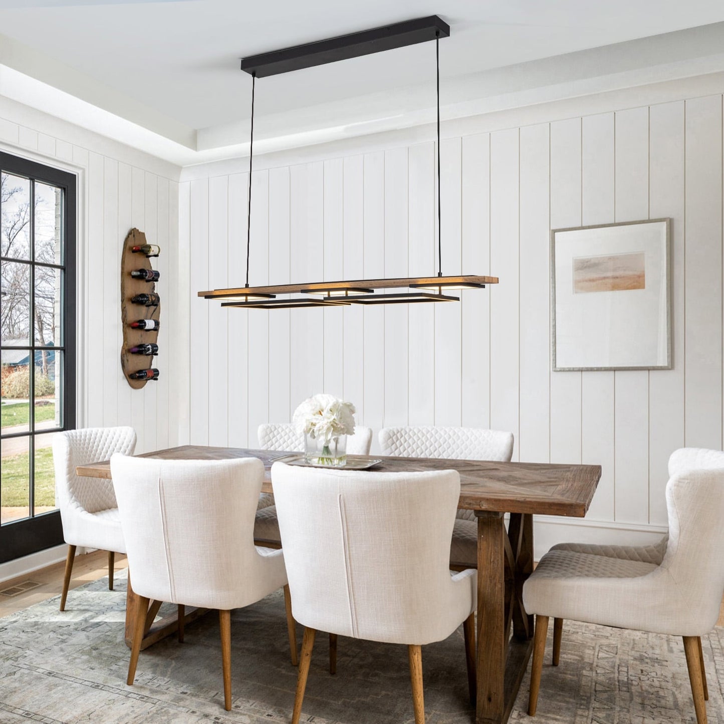 Lampadario lineare in legno a LED integrato da 3/5 luci per isola da cucina