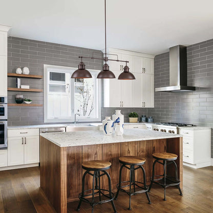 Lampada a sospensione a cupola industriale a 3 luci, in metallo, lineare, per isola da cucina, finitura in bronzo oliato