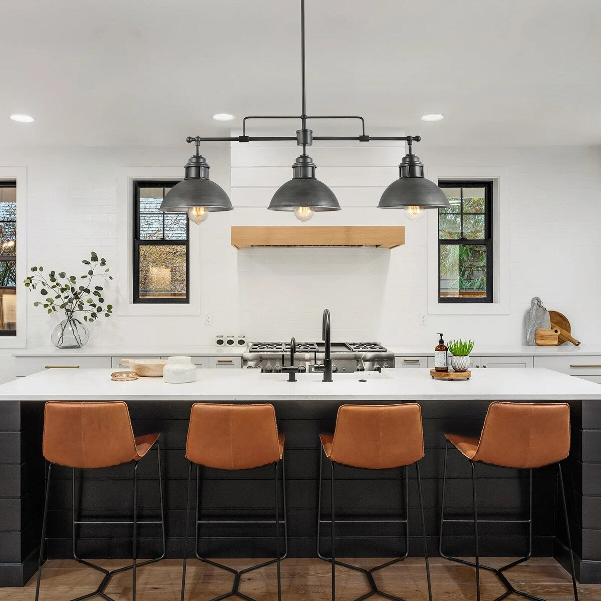 Lampada a sospensione a cupola industriale a 3 luci, in metallo, lineare, per isola da cucina, finitura in bronzo oliato