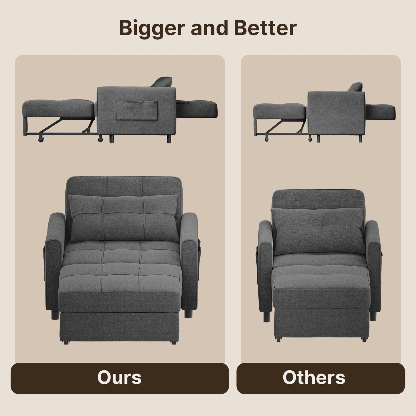 Divano letto estraibile 3 in 1, poltrona letto imbottita, pieghevole, regolabile e convertibile