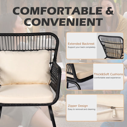 Set da bistrot da conversazione in vimini da esterno, 3 pezzi, set di sedie da giardino in rattan per tutte le stagioni con cuscini