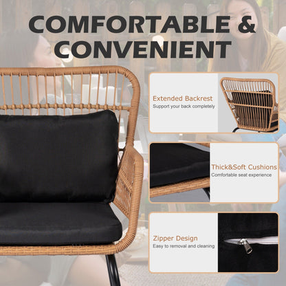 Set da bistrot da conversazione in vimini da esterno, 3 pezzi, set di sedie da giardino in rattan per tutte le stagioni con cuscini