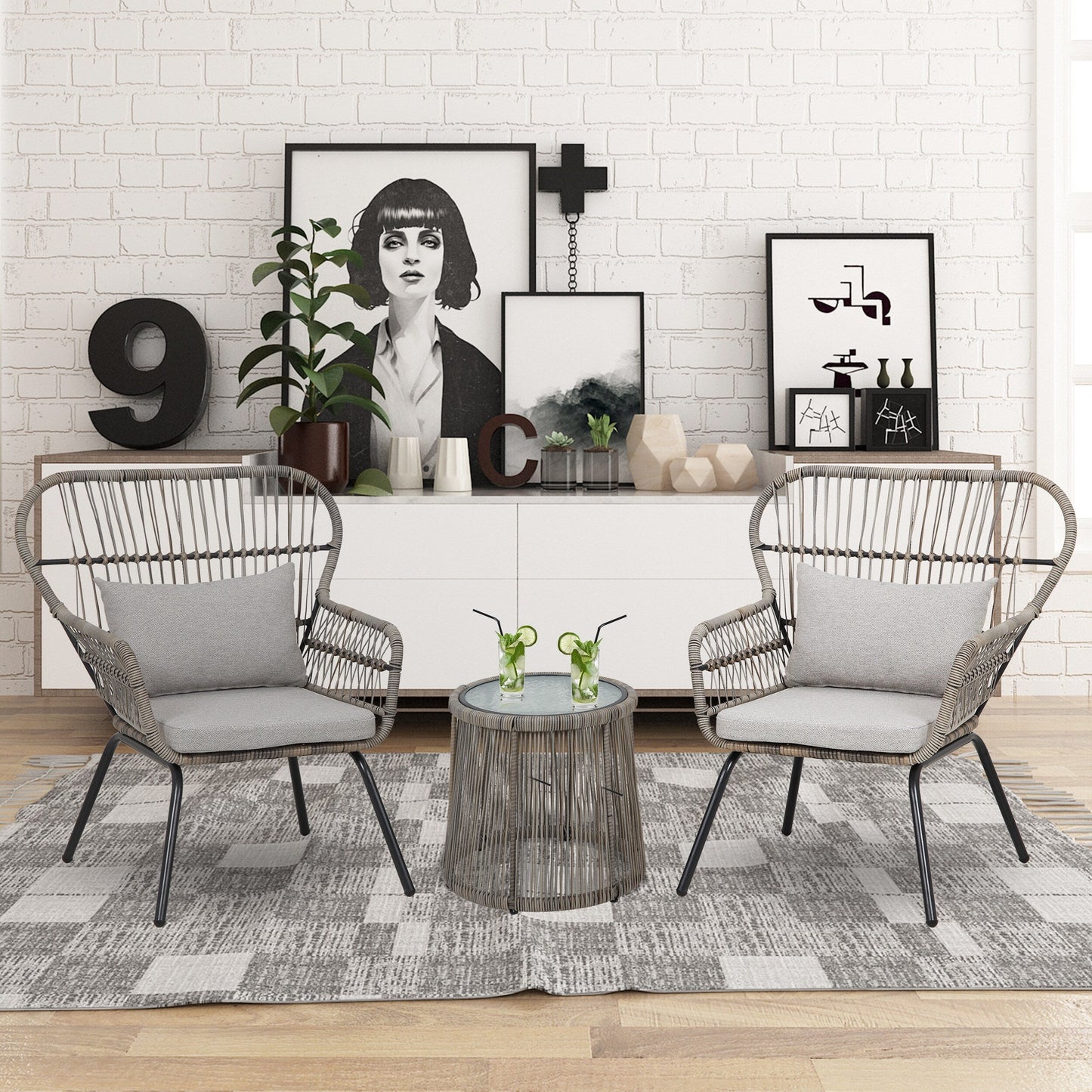 Set da bistrot da conversazione in vimini da esterno, 3 pezzi, set di sedie da giardino in rattan per tutte le stagioni con cuscini