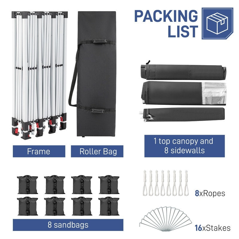 Gazebo pieghevole in tessuto Oxford da 30x10 piedi con 8 sacchi di sabbia e 8 pareti laterali con baldacchino per rimorchiatore - 30x10x8,8 piedi (larghezza x altezza x profondità)