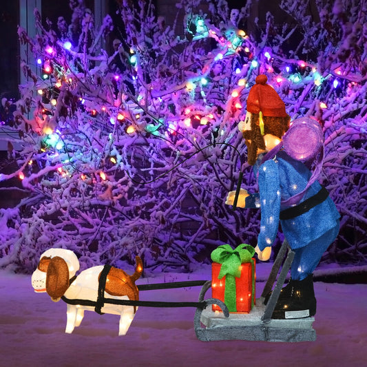 34 Rudolph 3D Pre-illuminato LED Yard Art in piedi Yukon e cane