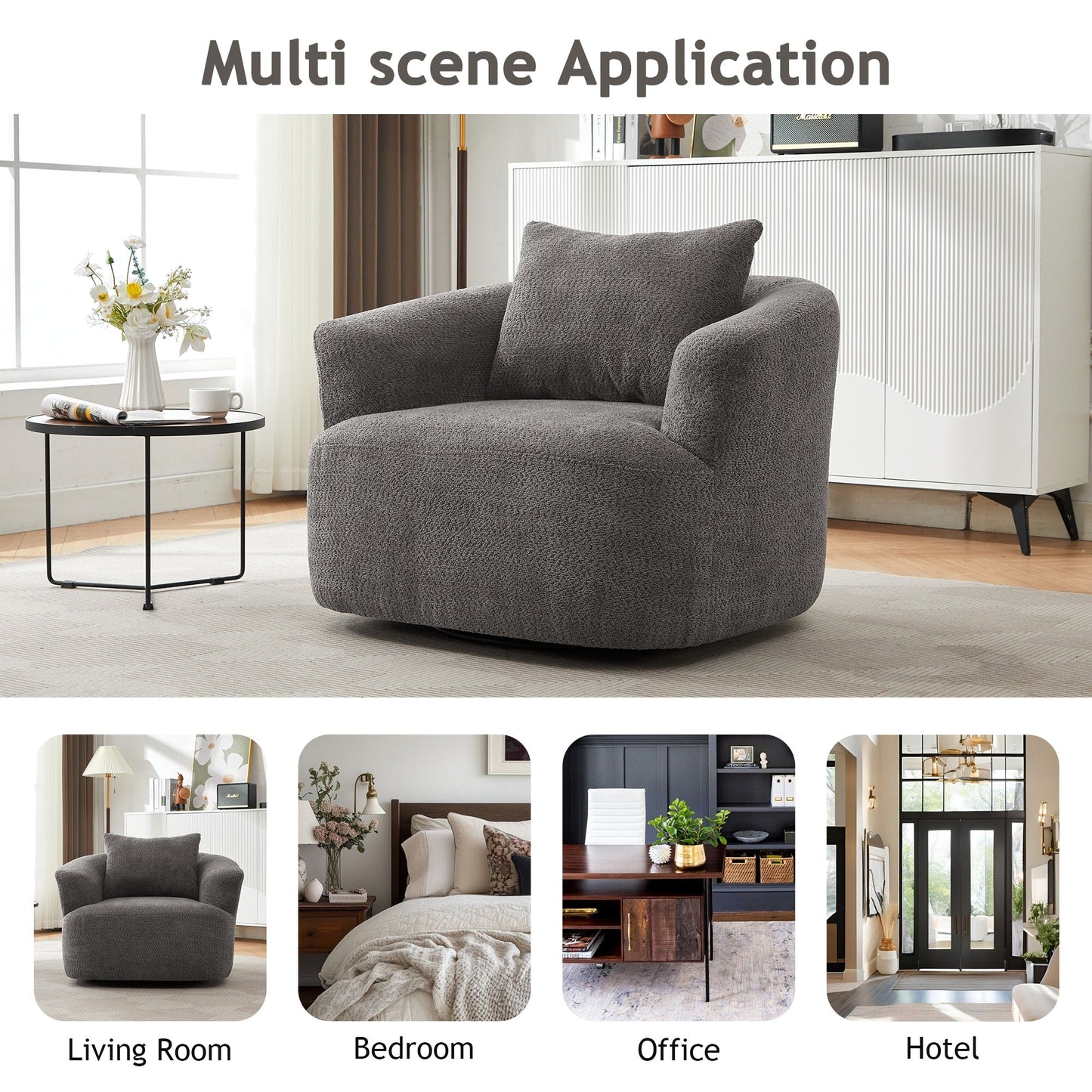 Poltrona girevole a 360°, poltrona Boucle da 38,2 con cuscino decorativo, poltrona a botte imbottita con braccioli curvi