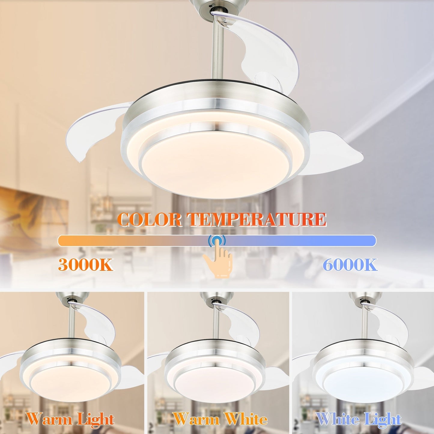 Ventilatore da soffitto retrattile moderno Bella Depot 36 con luce LED, pale reversibili a 6 velocità con telecomando