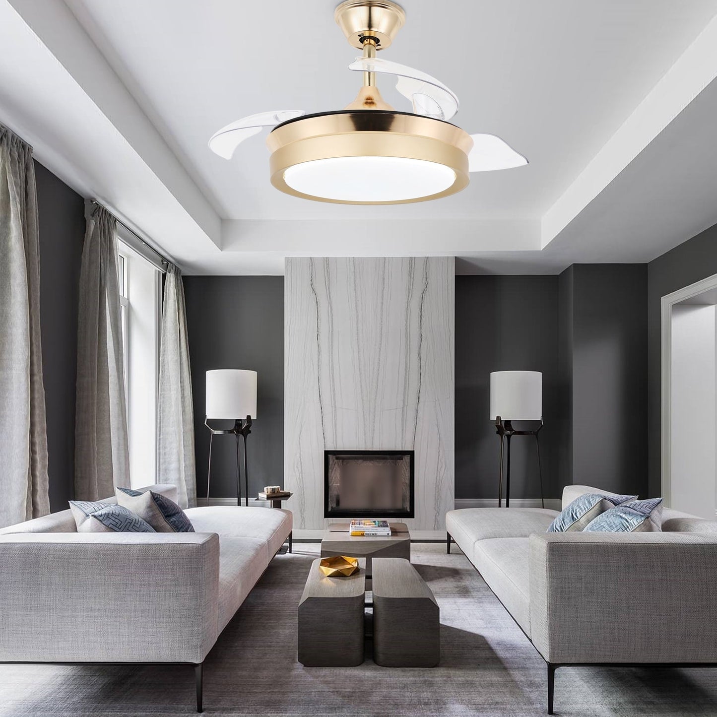 Ventilatore da soffitto retrattile moderno Bella Depot 36 con luce LED, pale reversibili a 6 velocità con telecomando