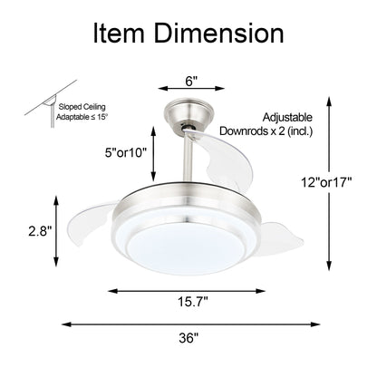 Ventilatore da soffitto retrattile moderno Bella Depot 36 con luce LED, pale reversibili a 6 velocità con telecomando
