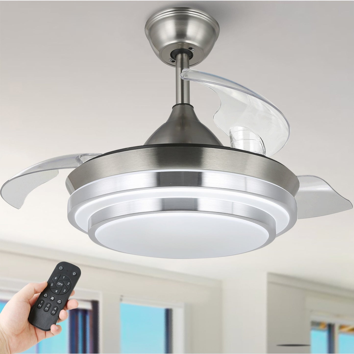 Ventilatore da soffitto retrattile moderno Bella Depot 36 con luce LED, pale reversibili a 6 velocità con telecomando