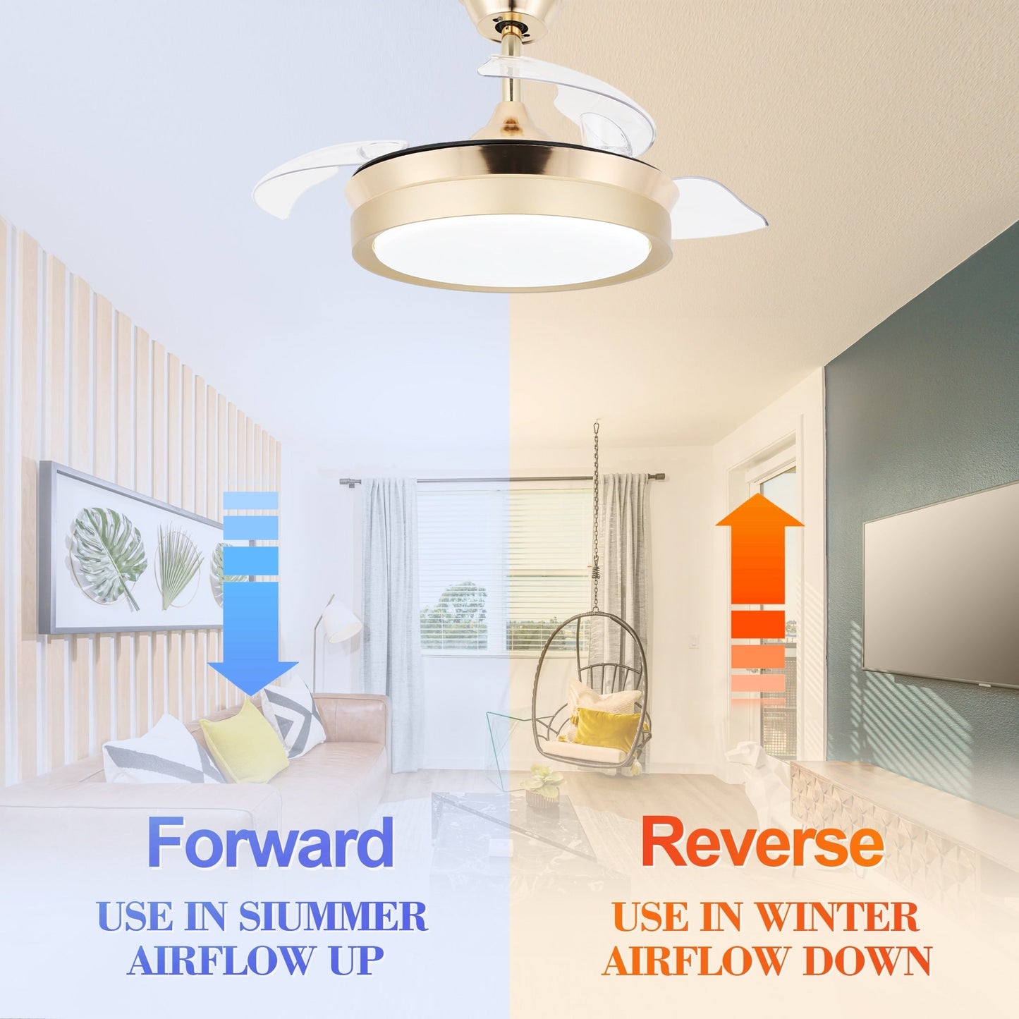 Ventilatore da soffitto retrattile moderno Bella Depot 36 con luce LED, pale reversibili a 6 velocità con telecomando