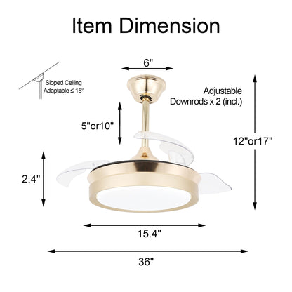 Ventilatore da soffitto retrattile moderno Bella Depot 36 con luce LED, pale reversibili a 6 velocità con telecomando
