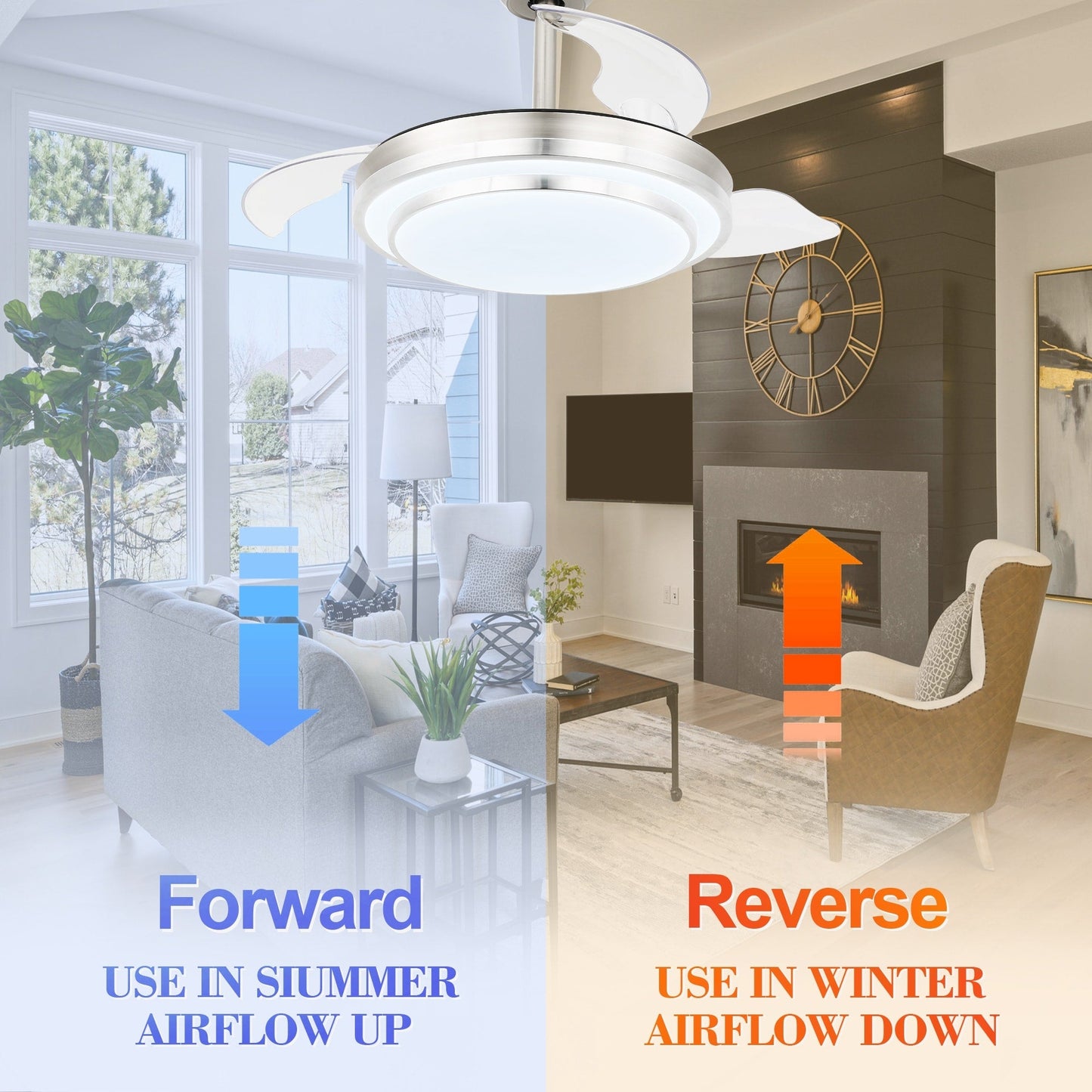 Ventilatore da soffitto retrattile moderno Bella Depot 36 con luce LED, pale reversibili a 6 velocità con telecomando