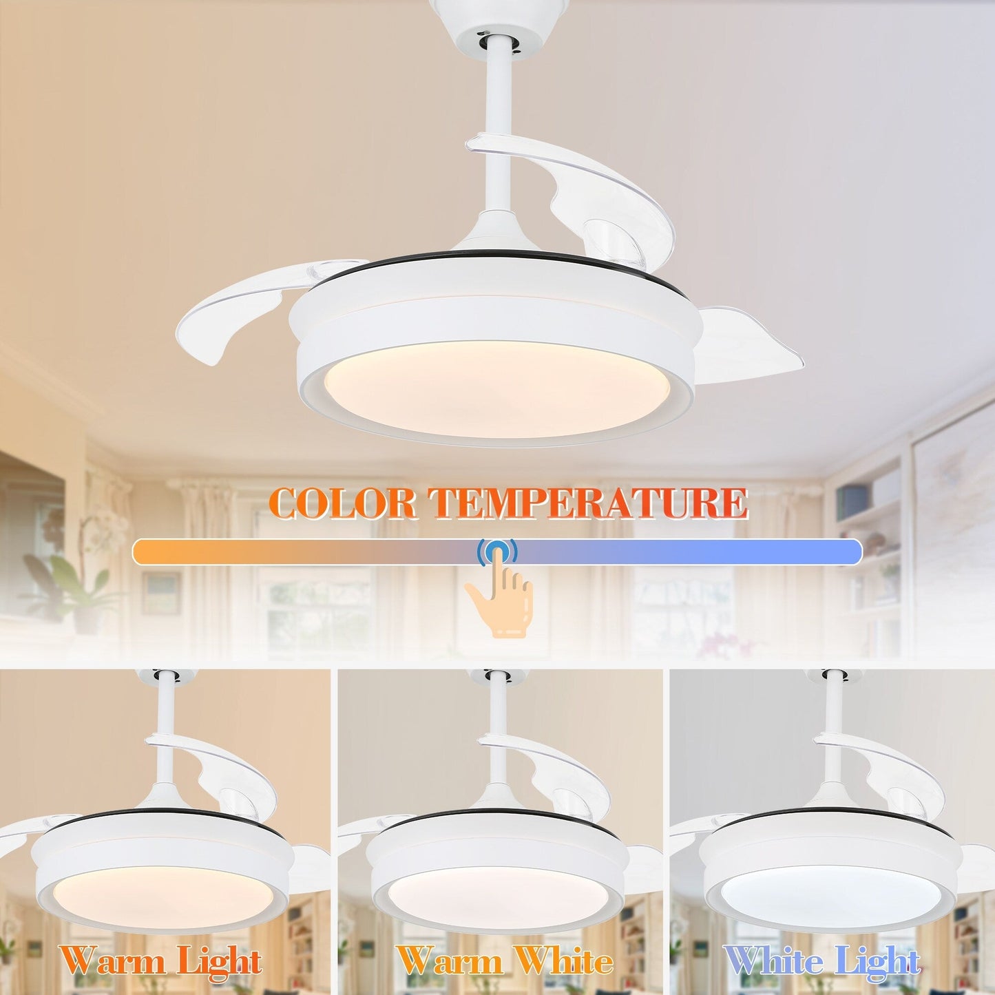 Ventilatore da soffitto retrattile moderno Bella Depot 36 con luce LED, pale reversibili a 6 velocità con telecomando