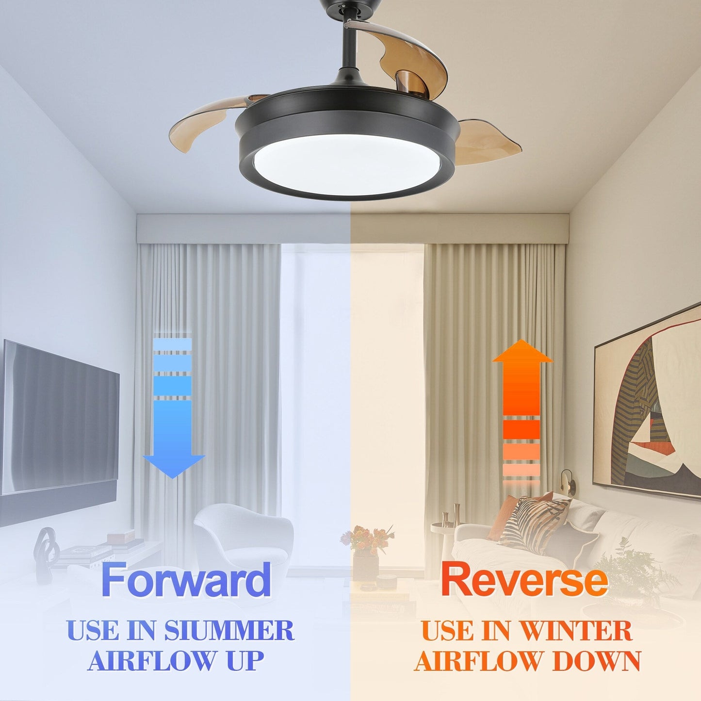 Ventilatore da soffitto retrattile moderno Bella Depot 36 con luce LED, pale reversibili a 6 velocità con telecomando