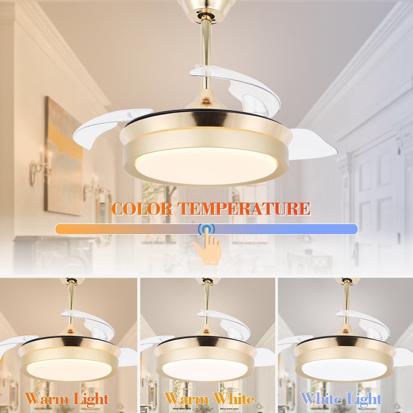 Ventilatore da soffitto retrattile moderno Bella Depot 36 con luce LED, pale reversibili a 6 velocità con telecomando