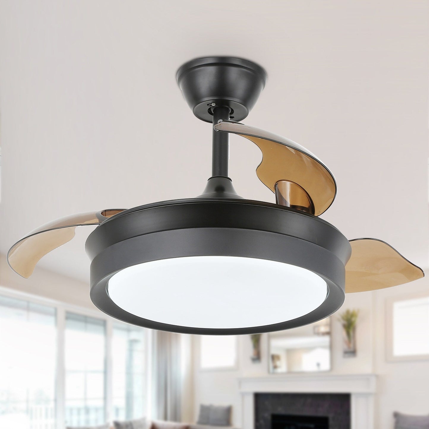 Ventilatore da soffitto retrattile moderno Bella Depot 36 con luce LED, pale reversibili a 6 velocità con telecomando
