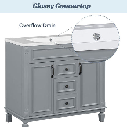 Mobile bagno moderno da 36'' con lavabo superiore e mobiletto a specchio, 2 ante e 2 cassetti