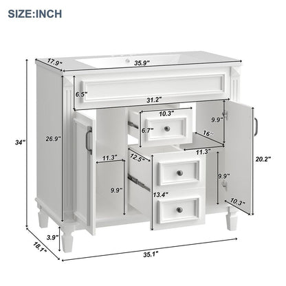 Mobile bagno moderno da 36'' con lavabo superiore e mobiletto a specchio, 2 ante e 2 cassetti