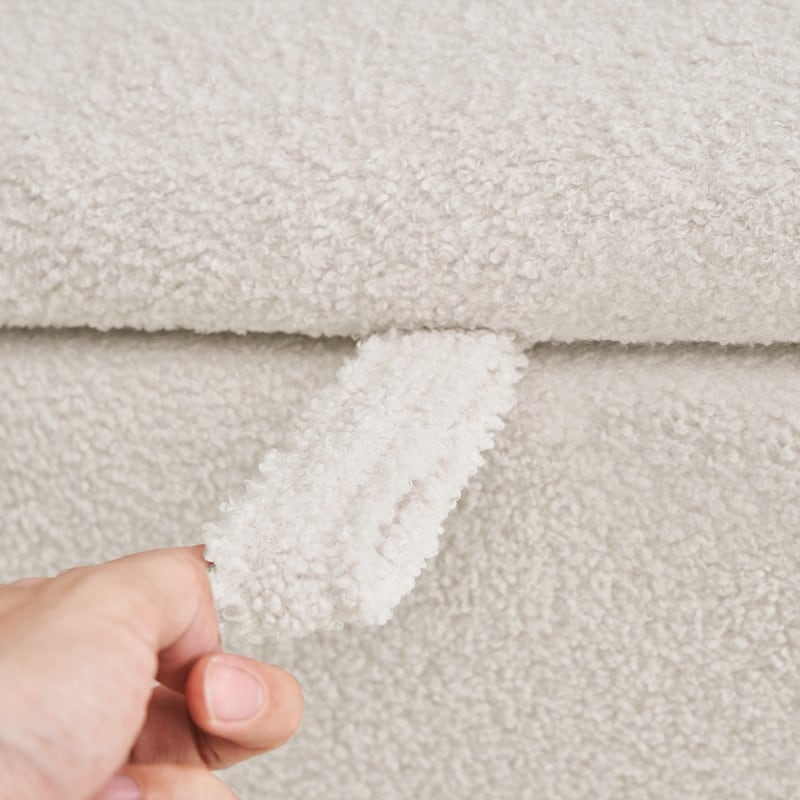 39,5 Panca contenitore Boucle bianco sporco, panca contenitore Sherpa, poggiapiedi per letto, per soggiorno, camera da letto, gambe in legno