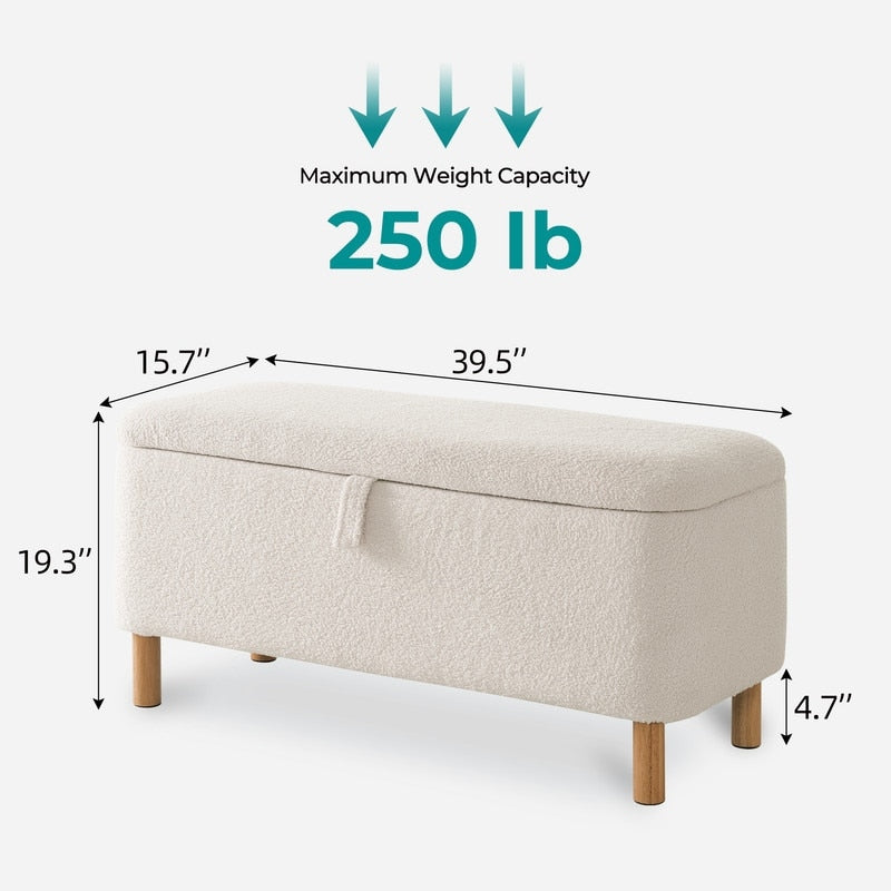 39,5 Panca contenitore Boucle bianco sporco, panca contenitore Sherpa, poggiapiedi per letto, per soggiorno, camera da letto, gambe in legno