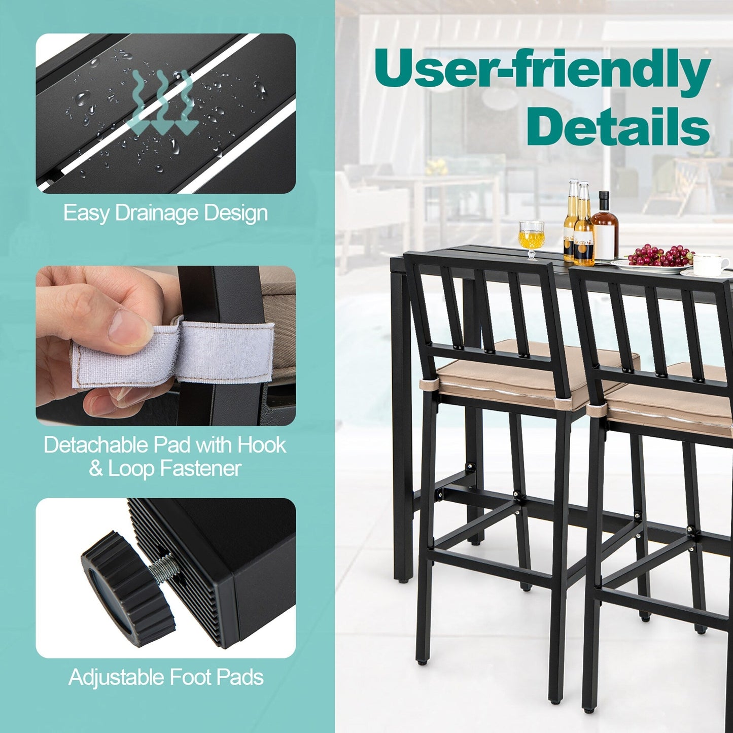 Set da pranzo da giardino 3 pezzi, tavolo da bar in metallo e sedie con cuscino