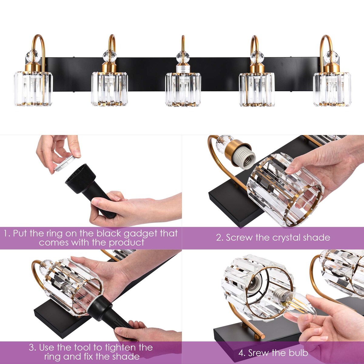 Lampada da parete per bagno moderna in cristallo con specchio cromato/nero/oro, luci da bagno, luci da toeletta