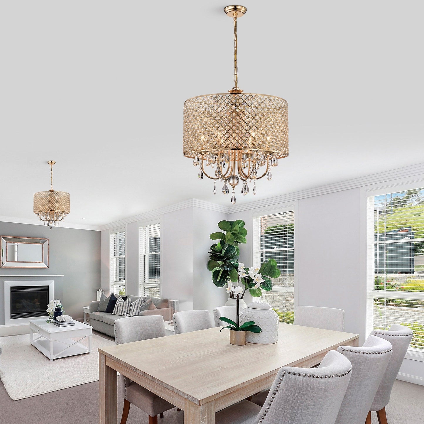 Lampadario a tamburo con perline rotonde e cristalli pendenti