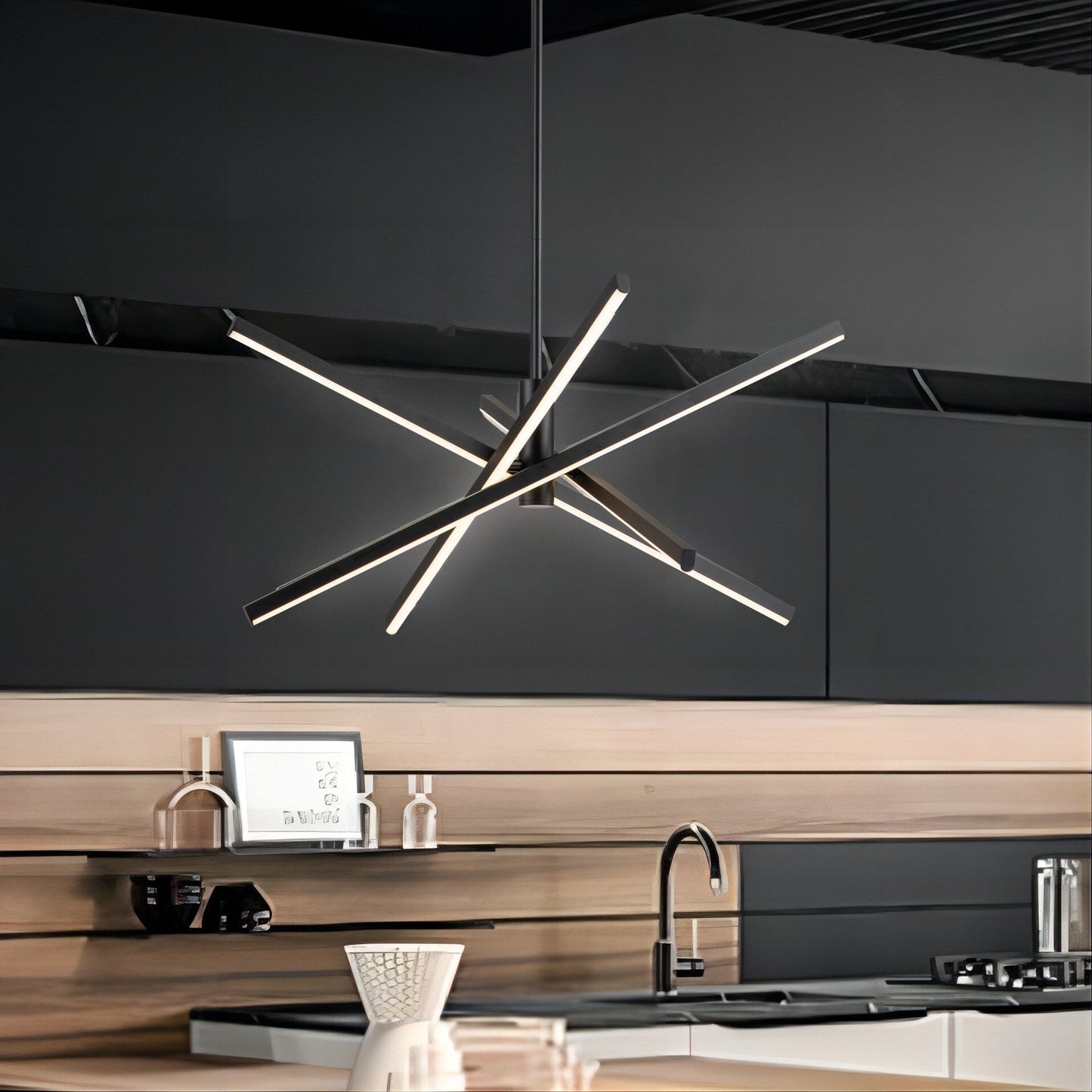 Lampadario a sospensione lineare Sputnik in alluminio moderno nero/oro a LED per soggiorno/sala da pranzo/cucina