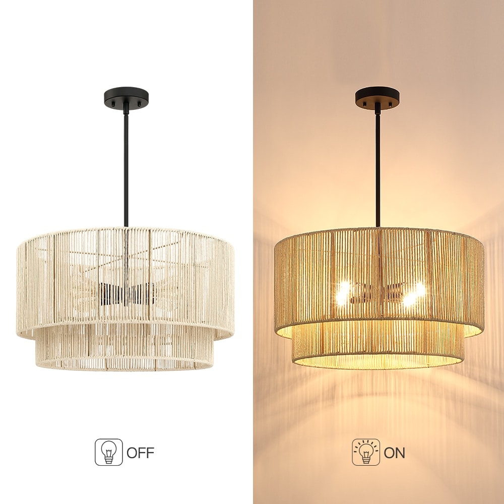 Lampadario a tamburo a 4 luci in rattan con baldacchino nero - 22'' W