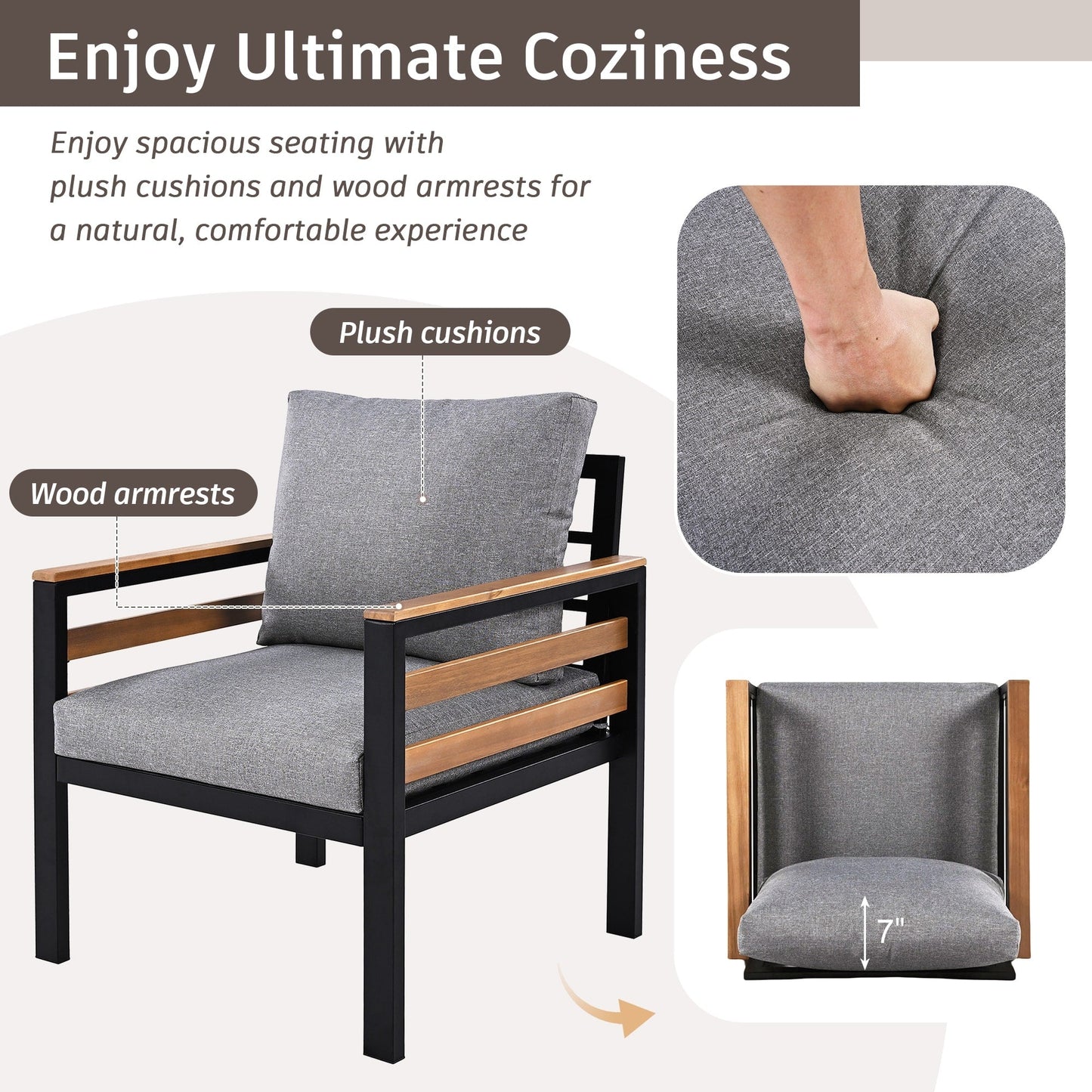 Set di divani da esterno da 4 pezzi per 5 persone con cuscino rimovibile e tavolino da caffè in legno massello