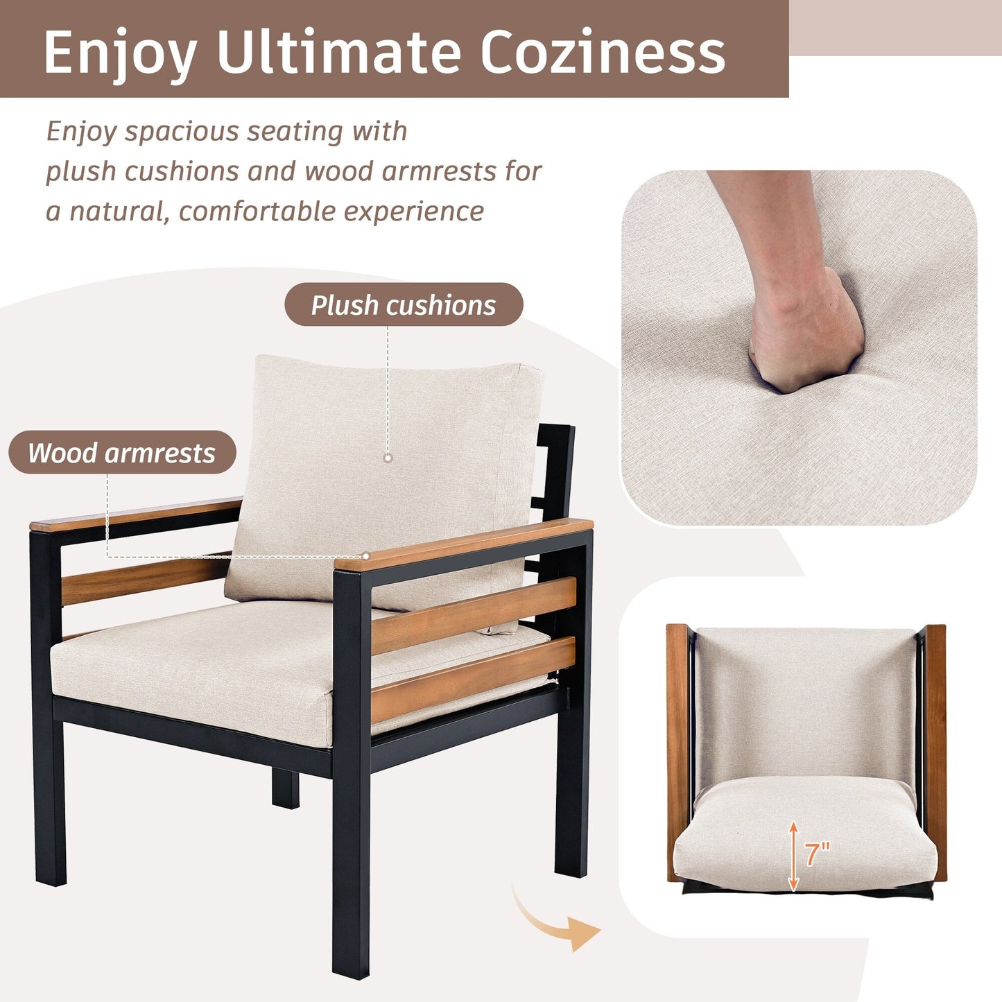 Set di divani da esterno da 4 pezzi per 5 persone con cuscino rimovibile e tavolino da caffè in legno massello