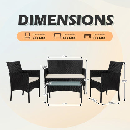 Set di mobili da giardino in vimini da 4 pezzi, set di mobili da esterno in rattan con cuscini