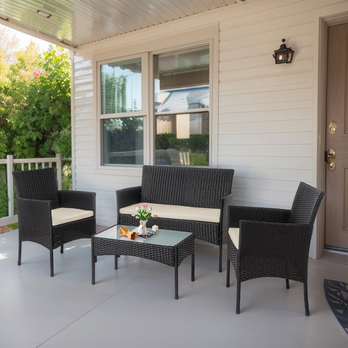 Set di mobili da giardino in vimini da 4 pezzi, set di mobili da esterno in rattan con cuscini