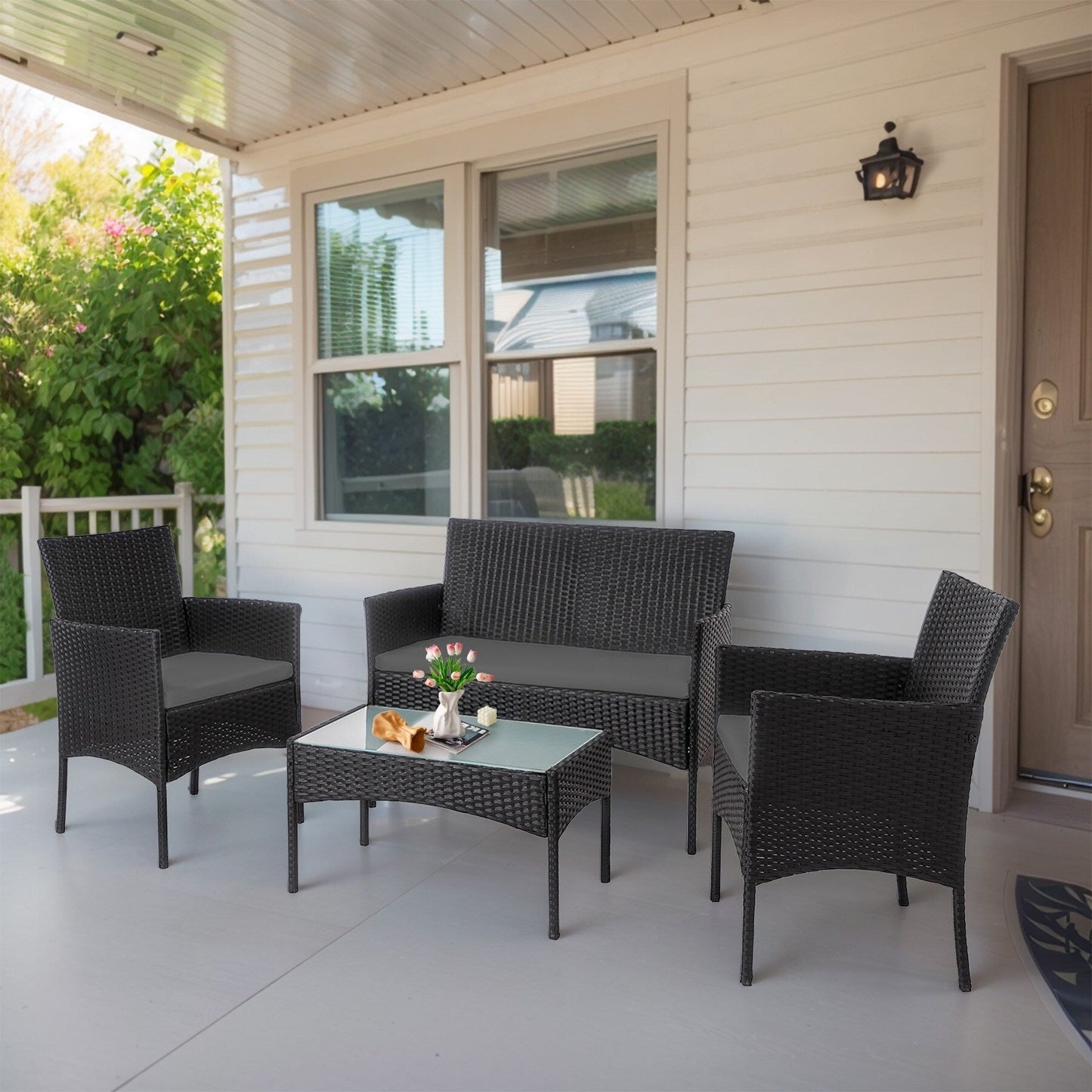 Set di mobili da giardino in vimini da 4 pezzi, set di mobili da esterno in rattan con cuscini