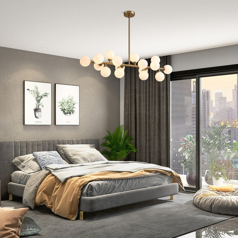 Lampadario lineare moderno di metà secolo da 40 pollici, lampada a sospensione Sputnik in ottone dorato a 16 luci con globo in vetro smerigliato per sala da pranzo