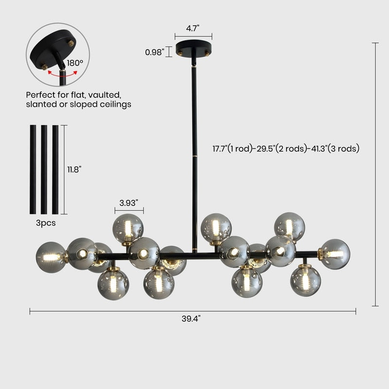 Lampadario lineare moderno di metà secolo da 40 pollici, lampada a sospensione Sputnik in ottone dorato a 16 luci con globo in vetro smerigliato per sala da pranzo