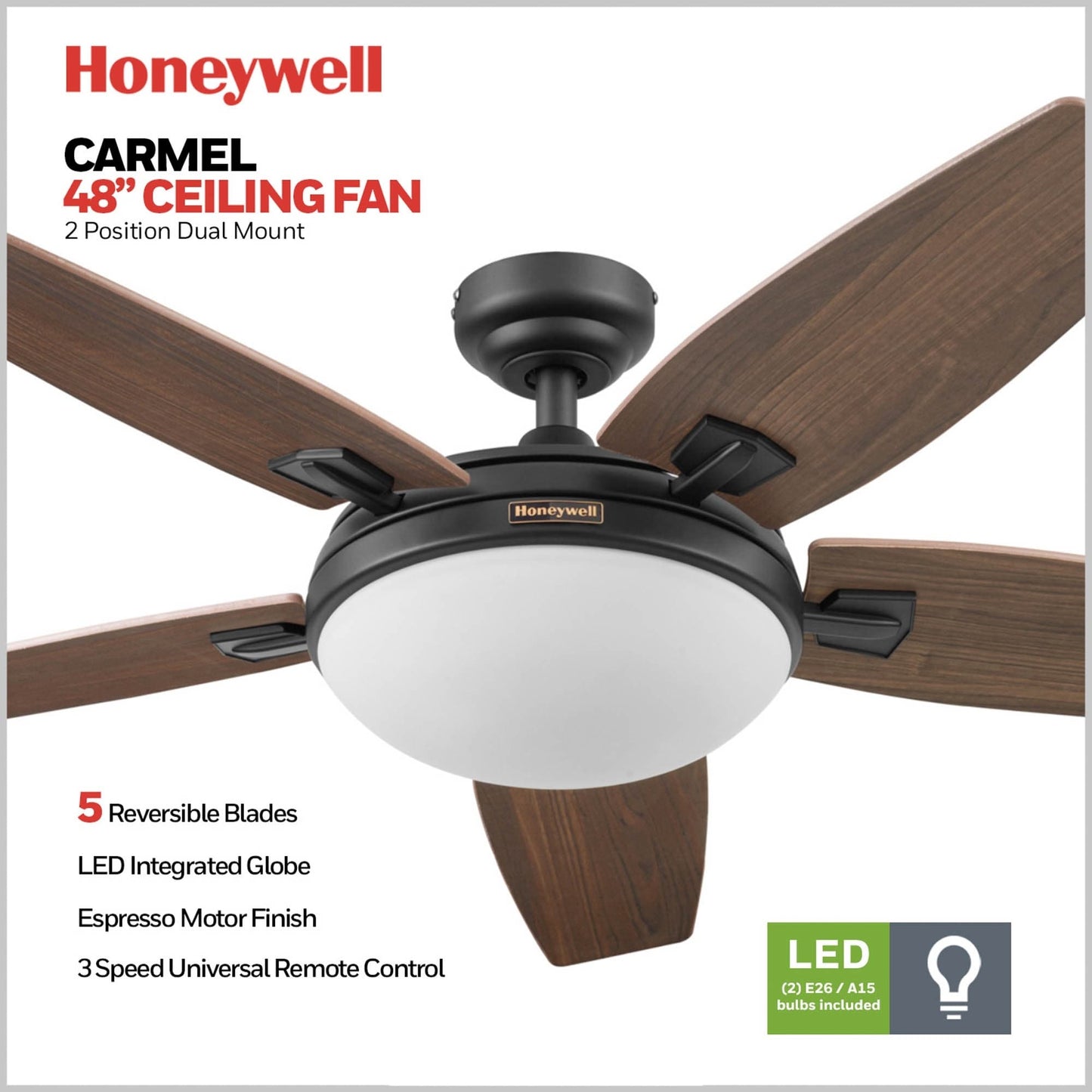 Ventilatore da soffitto Honeywell Carmel da 48 pollici con luce integrata e telecomando