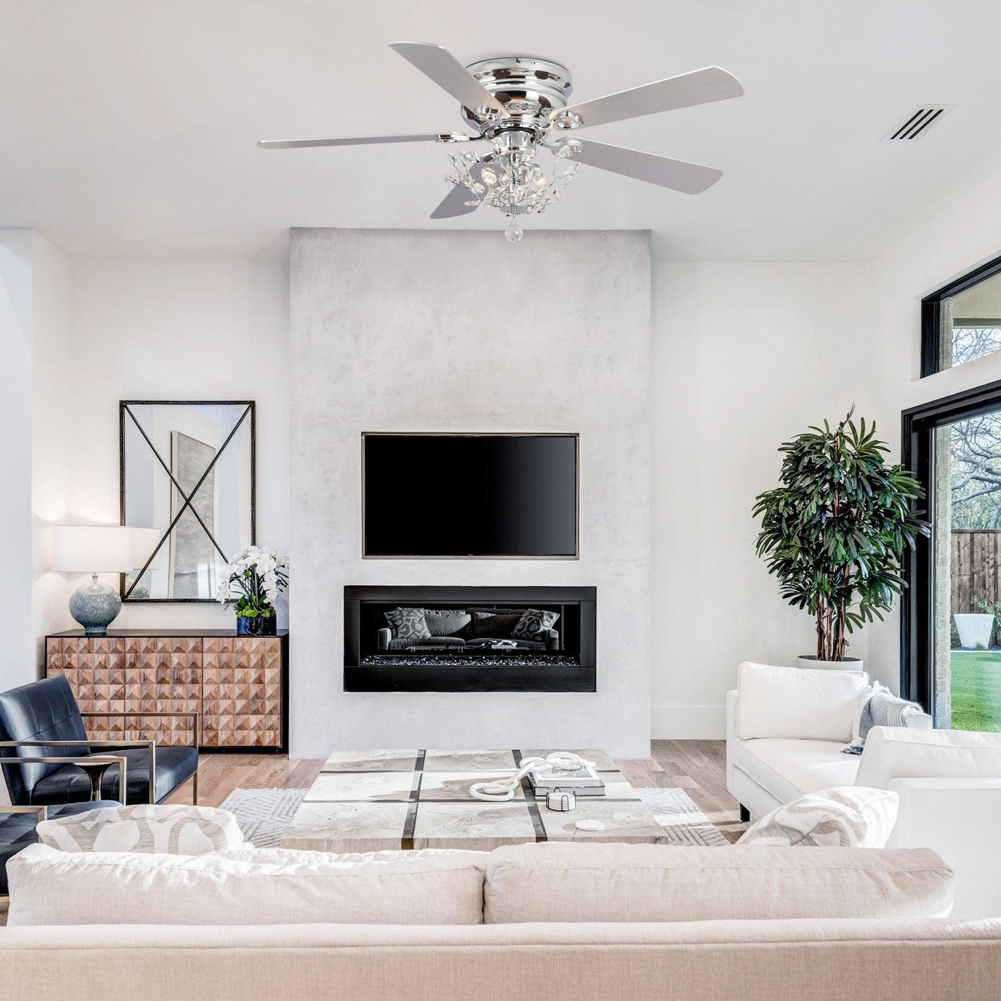 Ventilatore da soffitto moderno reversibile a 5 pale in cristallo con telecomando