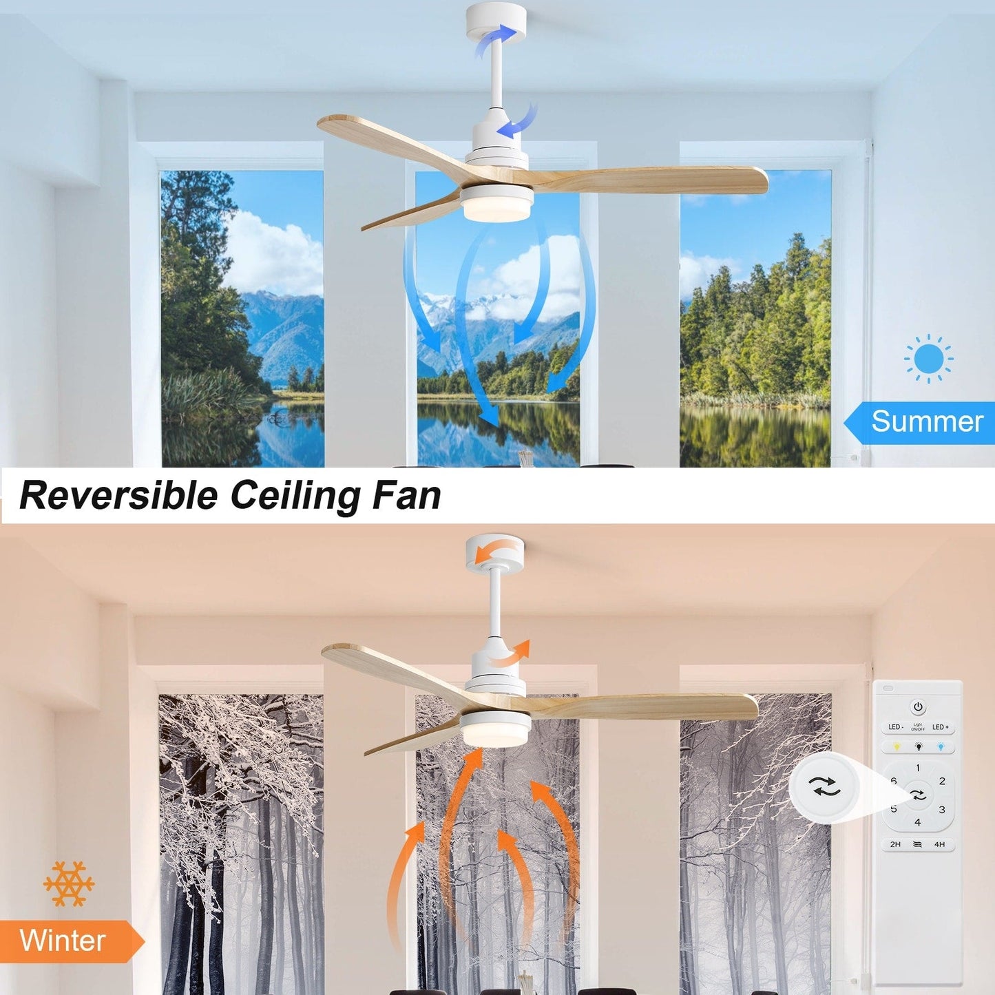 Ventilatore da soffitto a LED integrato da 48 e 52 pollici con luce e telecomando, motore CC reversibile