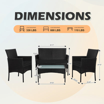 Set di mobili da giardino in vimini da 4 pezzi, set di mobili da esterno in rattan con cuscini