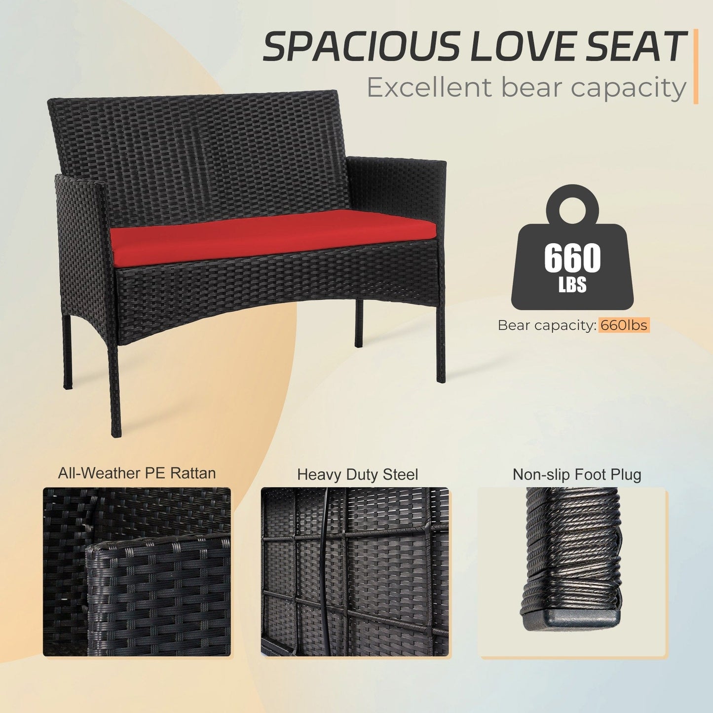 Set di mobili da giardino in vimini da 4 pezzi, set di mobili da esterno in rattan con cuscini