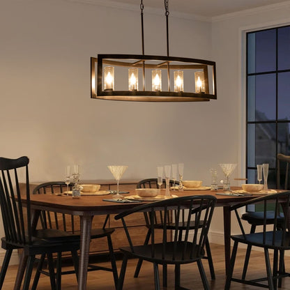 Lampadario lineare industriale moderno a 5 luci per sala da pranzo, lampadario cilindrico in vetro trasparente, luci per isola cucina