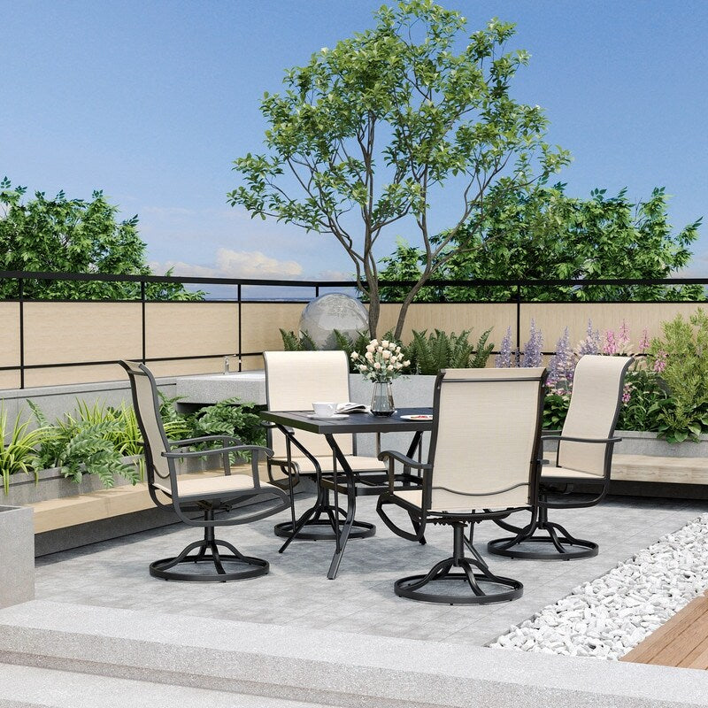 Set da pranzo per esterni in metallo da 5 pezzi con tavolo quadrato e sedie girevoli in textilene